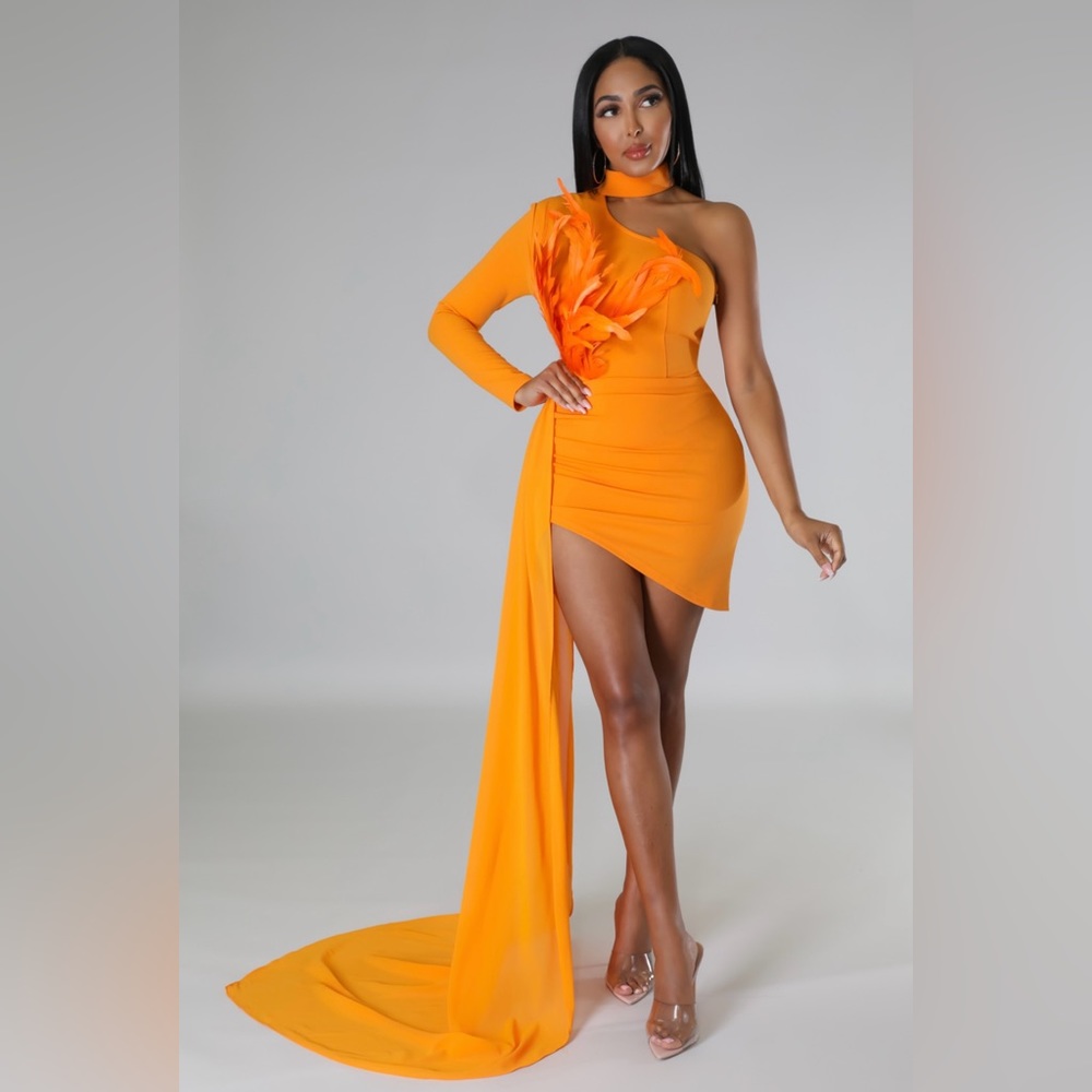 One Shoulder Feather Mini Dress